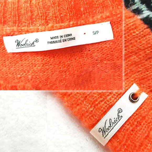 WOOLRICH Wool Mohair Sheep Motif Cardigan Orange Black - Picture 9 of 12